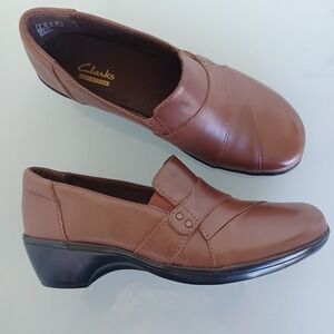 Clarks Women's May Marigold Brown Leather Slip On Comfort Shoes Size 6.5M